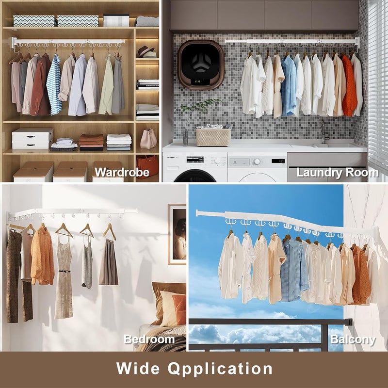 Kelisiting Clothes Drying Rack Wall Mounted, Retractable Drying Racks for Laundry, Foldable Drying Rack With 12 Hooks, Sturdy Tri-Fold Wall Mounted Space Saver for Laundry Room Balcony Bathroom - 49.8", White - Image 3